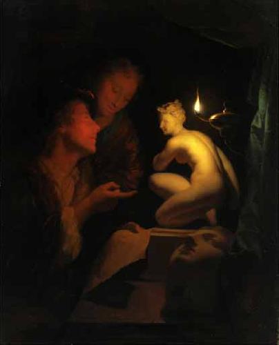 Godfried Schalcken Kunstbetrachtung bei Kerzenlicht oil painting image
